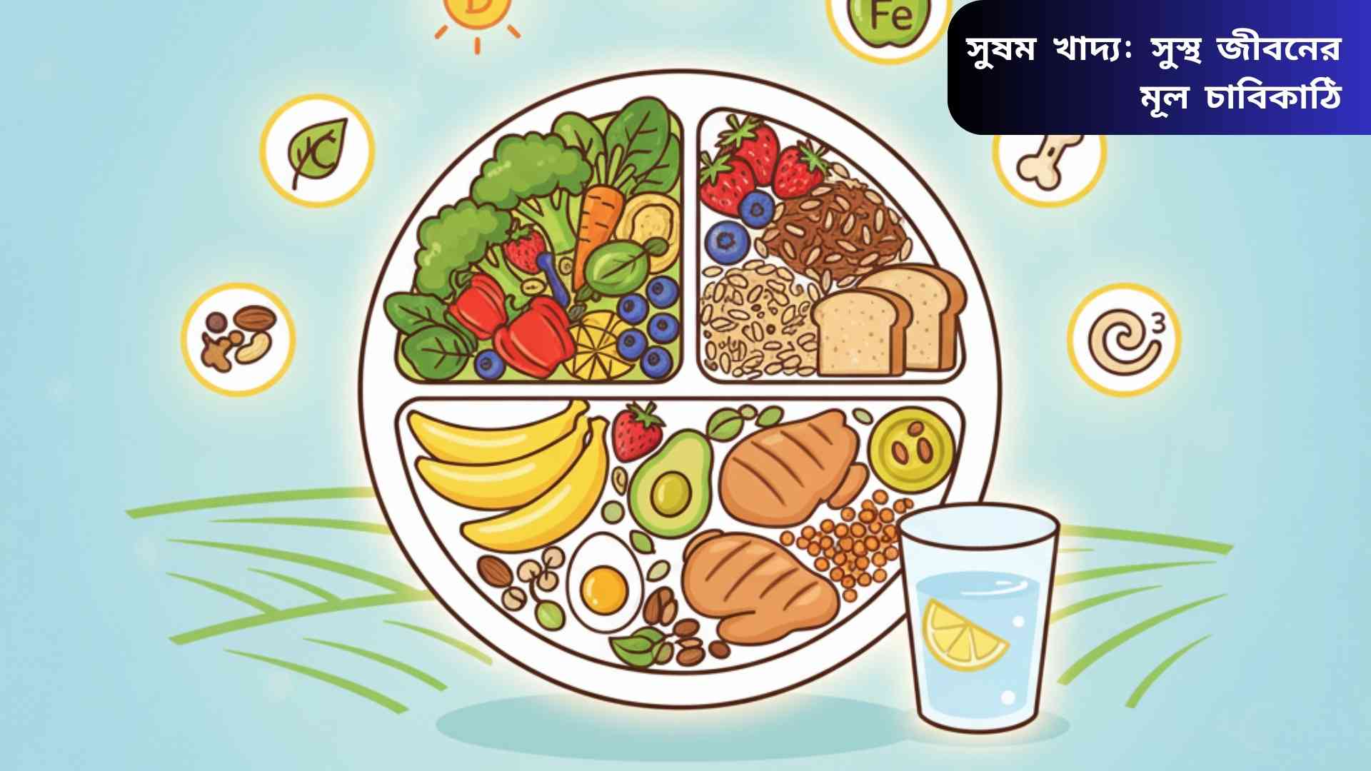সুষম খাদ্যের ধারণা প্রদর্শনকারী একটি রঙিন চিত্র, যেখানে প্লেটে শাক-সবজি, ফল, শস্য, প্রোটিন ও স্বাস্থ্যকর চর্বি রয়েছে, পাশাপাশি একটি গ্লাস পানি এবং ভিটামিন ও খনিজের আইকন দেখানো হয়েছে।