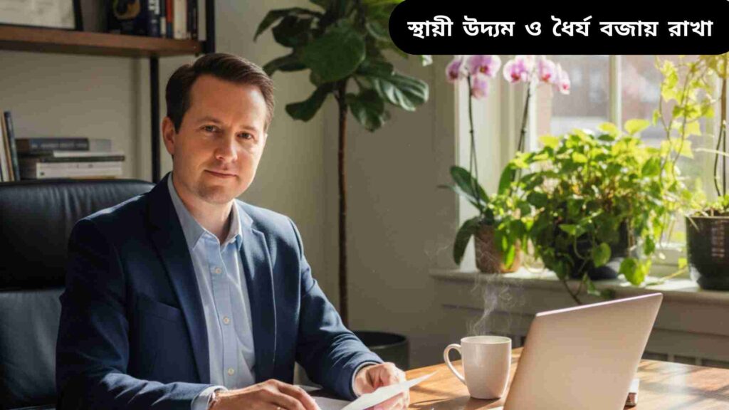 একজন পেশাজীবী ডেস্কে বসে ধৈর্য ও উদ্যমের সাথে কাজ করছেন, যার মাধ্যমে দীর্ঘমেয়াদী সফলতা প্রতিফলিত হচ্ছে।