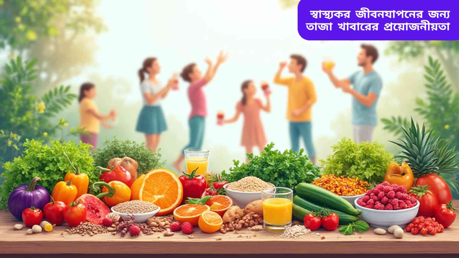 তাজা ফল, সবজি এবং স্বাস্থ্যকর খাবারের সাথে এক সুখী পরিবার স্বাস্থ্যকর জীবনযাপন করছে।