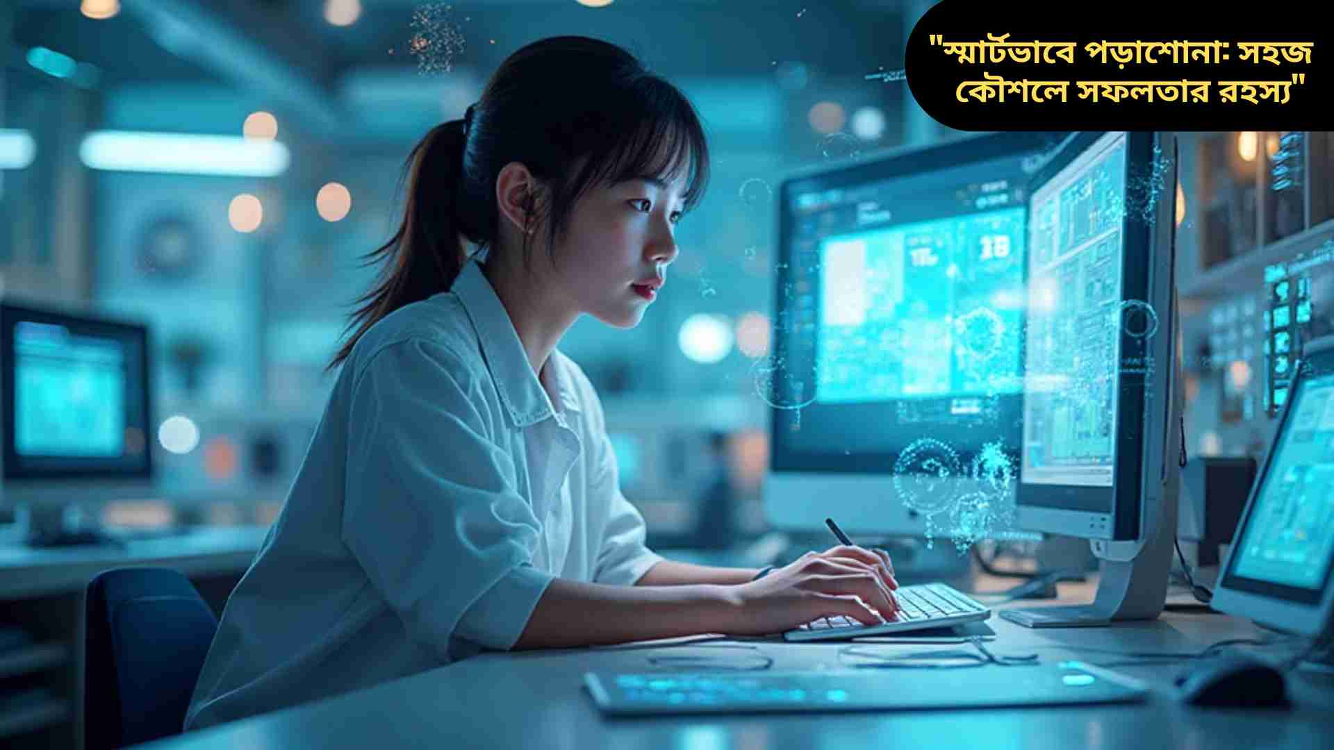 একটি কিশোর বা কিশোরী উজ্জ্বল স্টাডি রুমে বই ও নোট নিয়ে মনোযোগ দিয়ে পড়ছে, চারপাশে রঙিন নোট, চার্ট এবং পড়াশোনার উপকরণ রয়েছে, যা স্মার্টভাবে পড়াশোনার কৌশল নির্দেশ করছে।