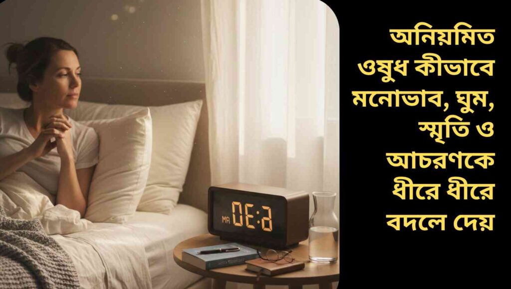 একজন ব্যক্তি বিছানায় শুয়ে আছে, তার ঘুম, মনোভাব ও আচরণের ওপর ওষুধের নিয়মিত গ্রহণের গুরুত্ব বোঝাচ্ছে।