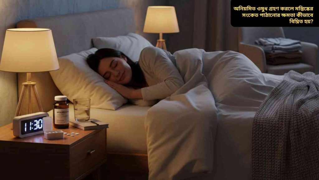 একজন ব্যক্তি শয্যায় শুয়ে আছে, পাশে ওষুধের বোতল রাখা, যা অনিয়মিত ওষুধ গ্রহণে মস্তিষ্কের সংকেতের বিঘ্ন প্রকাশ করছে।