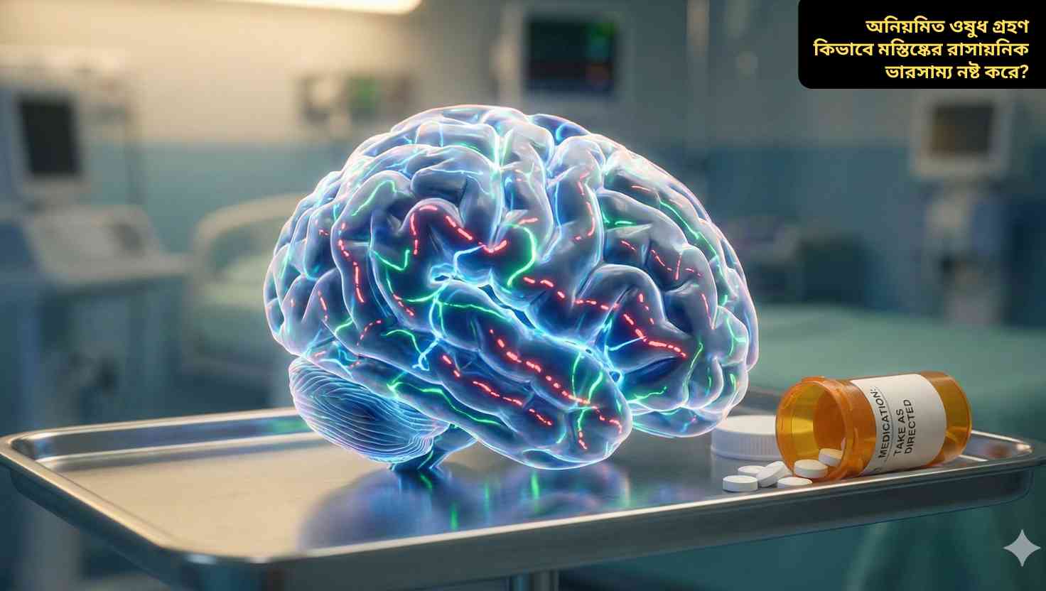 “অনিয়মিত ওষুধ গ্রহণে মস্তিষ্কের রাসায়নিক ভারসাম্য নষ্ট হওয়া—একটি বাস্তবসম্মত ছবিতে মস্তিষ্কের সংকেত বিচ্যুতি ও ছড়ানো ওষুধ দেখানো হয়েছে।”