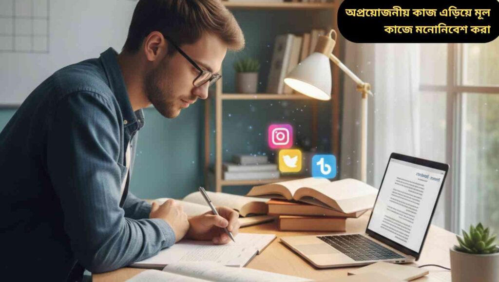 "একজন তরুণ মনোযোগ দিয়ে পড়াশোনা করছে, ডেস্কটি সজ্জিত এবং মোবাইল ও অন্যান্য ব্যর্থতা এড়াচ্ছে, সময়ের মূল্য এবং উৎপাদনশীলতা দেখাচ্ছে।"