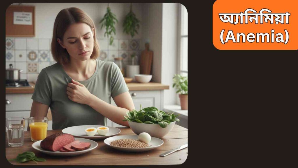 "একজন নারীর ছবি, যিনি ক্লান্ত ও ফ্যাকাশে দেখাচ্ছেন, এবং তার সামনের টেবিলে লাল মাংস, ডিম, লাল লেন্টিল ও শাকসবজি রাখা আছে, যা রক্তাল্পতার প্রতিকার নির্দেশ করে।"