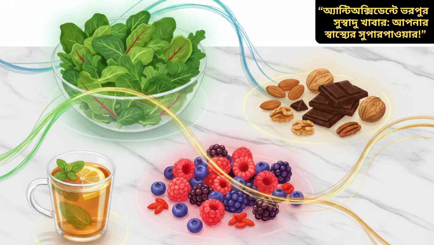 অ্যান্টিঅক্সিডেন্টে ভরপুর সুস্বাদু খাবারের একটি রঙিন ছবি যেখানে বেরি, শাকসবজি, বাদাম ও হার্বাল চা সুন্দরভাবে সাজানো রয়েছে।