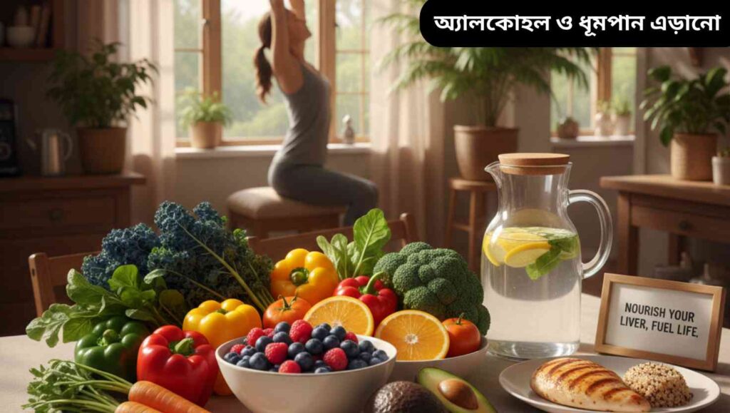 "লিভারের স্বাস্থ্য বজায় রাখতে স্বাস্থ্যকর খাদ্য এবং জীবনধারা, ফল, সবজি, পানি এবং হালকা প্রোটিন সহ।"