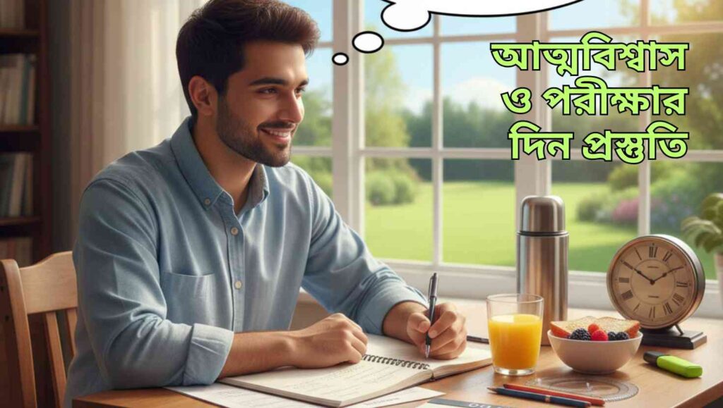 "আত্মবিশ্বাসী ছাত্র এসএসসি পরীক্ষার জন্য শান্তভাবে প্রস্তুতি নিচ্ছে, সাজানো স্টাডি ম্যাটেরিয়াল এবং ইতিবাচক মনোভাবের সঙ্গে।"