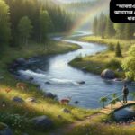 পৃথিবীর প্রকৃতি, সবুজ বন, নদী, আকাশে মেঘ এবং প্রাণীসহ আবহাওয়া, জলবায়ু ও পরিবেশের সম্পর্ক দেখানো বাস্তবমুখী দৃশ্য।