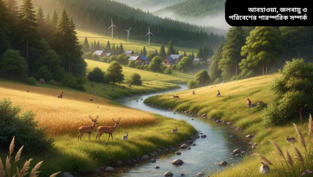 "বাতাস, জলবায়ু এবং পরিবেশের মধ্যে সম্পর্ক প্রদর্শনকারী চিত্র; বন, নদী, বন্যপ্রাণী এবং মানুষ একসাথে সুন্দরভাবে সহাবস্থান করছে।"