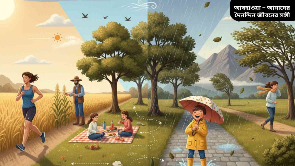 "দৈনন্দিন জীবনে আবহাওয়ার প্রভাব: শিশুরা ছাতা ধরছে, একজন ব্যক্তি রোদে জগিং করছে, কৃষক ফসল পর্যবেক্ষণ করছে, আকাশে পাখি উড়ছে।"
