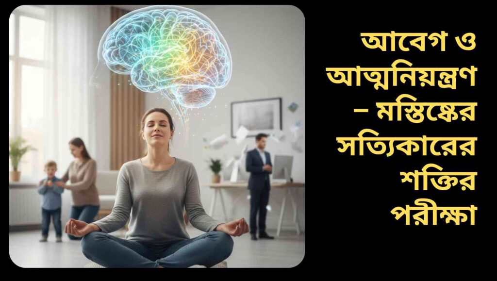 মানব মস্তিষ্কের স্নায়ু কার্যক্রম উজ্জ্বলভাবে দেখা যাচ্ছে, যেখানে অনুভূতি নিয়ন্ত্রণ ও আত্ম-শৃঙ্খলন প্রদর্শিত হয়েছে, সামনে একজন শান্তিপ্রিয় ব্যক্তি ধ্যান করছে।