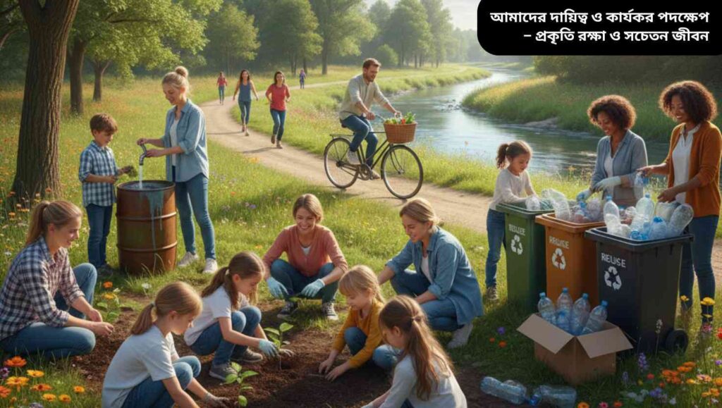 "বিভিন্ন বয়সের মানুষ প্রকৃতি রক্ষায় সচেতন পদক্ষেপ নিচ্ছে – যেমন গাছ লাগানো, পানি ও বিদ্যুৎ সাশ্রয়, সাইকেল ব্যবহার এবং প্লাস্টিক কমানো।"