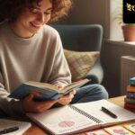 একটি শিশুকণ্ঠ হাসিমুখে ইংরেজি বই পড়ছে, চারপাশে রঙিন ফ্ল্যাশকার্ড এবং নোটবুক, মনোযোগ দিয়ে শেখার পরিবেশ