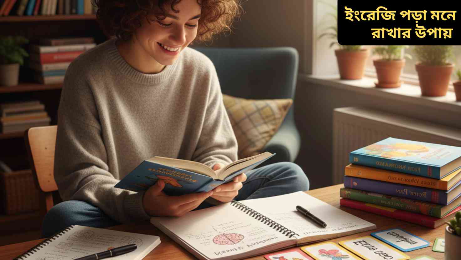 একটি শিশুকণ্ঠ হাসিমুখে ইংরেজি বই পড়ছে, চারপাশে রঙিন ফ্ল্যাশকার্ড এবং নোটবুক, মনোযোগ দিয়ে শেখার পরিবেশ