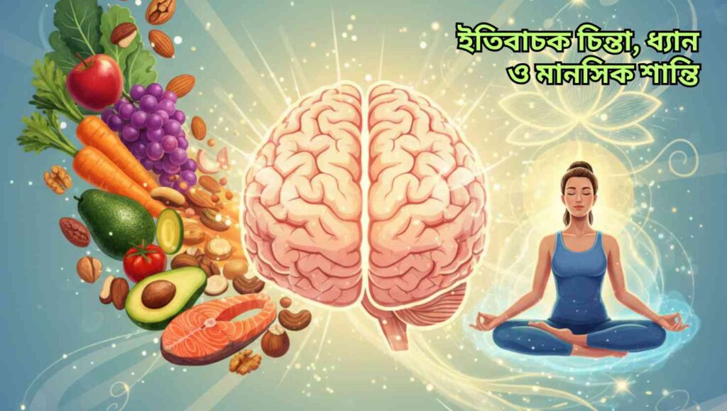 একটি সুস্থ ও শক্তিশালী মস্তিষ্কের ছবি, যেখানে ডানদিকে স্বাস্থ্যকর খাবার যেমন ফল, সবজি, বাদাম এবং মাছ এবং বামদিকে ধ্যানরত একজন শান্ত ব্যক্তি, যা ইতিবাচক চিন্তা ও মানসিক শান্তি প্রকাশ করছে।