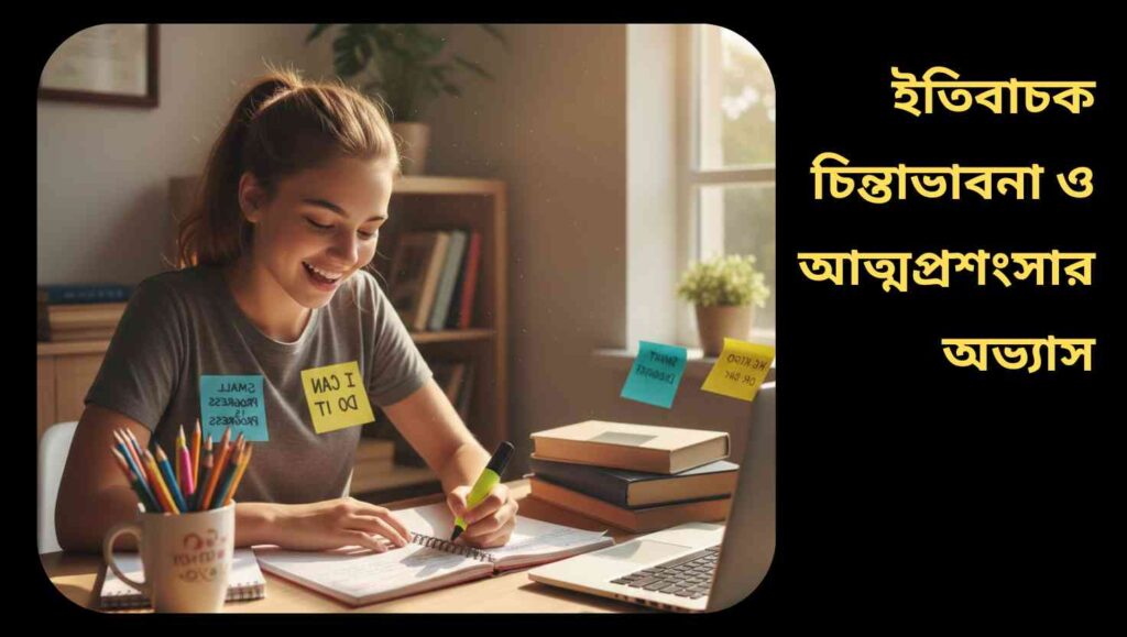 "স্টাডি ডেস্কে বসে ইতিবাচক চিন্তা ও আত্ম-প্রশংসা অনুশীলনরত আত্মবিশ্বাসী ছাত্র।"