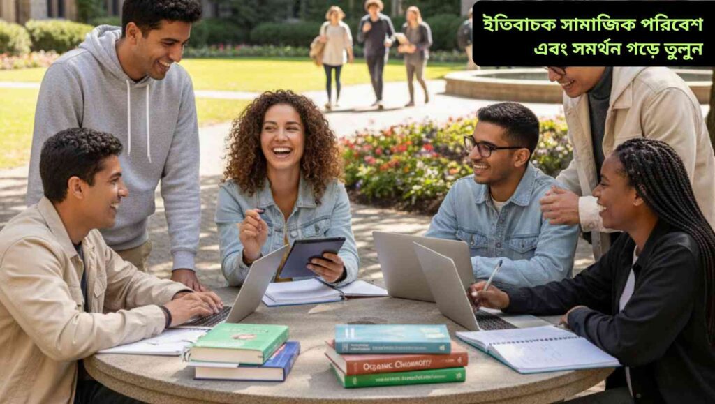 “একদল শিক্ষার্থী ক্যাম্পাসে বসে একে অপরকে সহযোগিতা ও মানসিক সমর্থন দিচ্ছে—একটি বাস্তবসম্মত ছবি।”