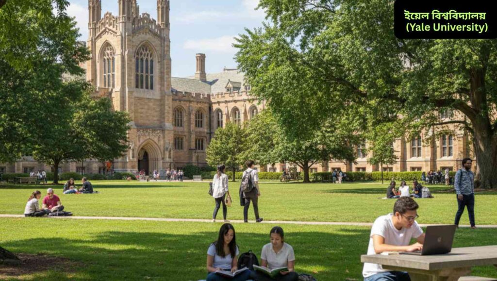 ইয়েল বিশ্ববিদ্যালয়ের ক্যাম্পাস, নিউ হেভেন, কনেকটিকাট, যেখানে শিক্ষার্থীরা বাইরে হাঁটছে এবং স্টার্লিং মেমোরিয়াল লাইব্রেরি দৃশ্যমান।