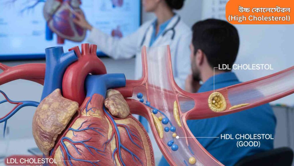 "মানব হৃদয় এবং রক্তনালীর রিয়েলিস্টিক চিত্র, যেখানে ধমনীর দেয়ালে কোলেস্টেরলের জমা দেখানো হয়েছে, এবং পেছনে একজন ডাক্তার রোগীকে স্বাস্থ্যকর জীবনধারার পরামর্শ দিচ্ছেন।"