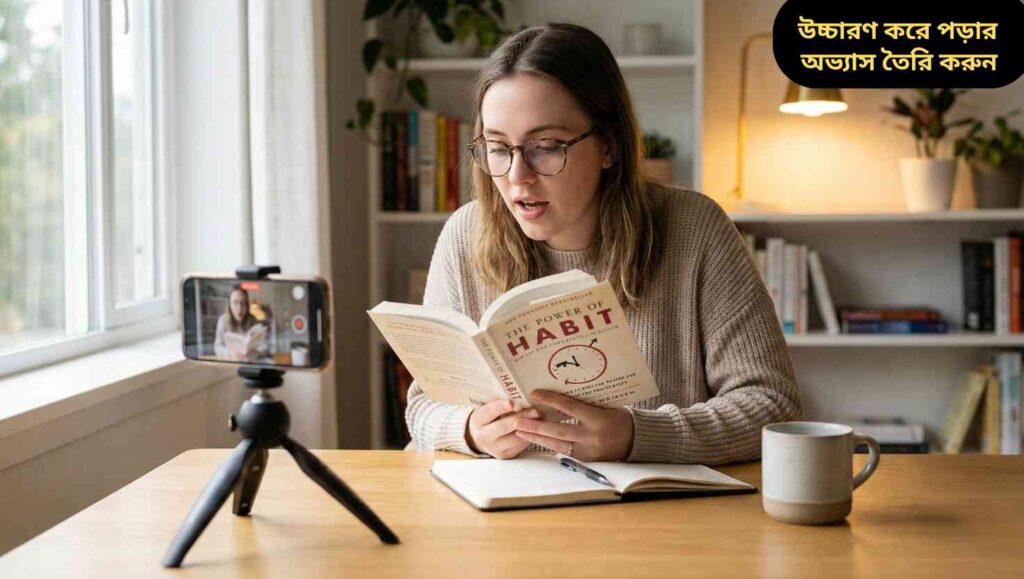 তরুণ ব্যক্তি ইংরেজি বই উচ্ছে পড়ছে, পাশে নোটবুক ও স্মার্টফোন, কার্যকরভাবে শিখছে।