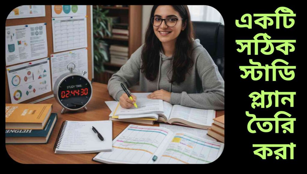 "পরিপাটি স্টাডি টেবিল, বই, নোটবুক, কলম, ঘড়ি এবং রঙিন স্টাডি প্ল্যান সহ আত্মবিশ্বাসী ছাত্র।"