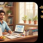 মনোযোগী ছাত্র এসএসসি পরীক্ষার জন্য বই ও নোট দিয়ে প্রস্তুতি নিচ্ছে, পিছনে ক্যালেন্ডার ও প্রেরণাদায়ক পোস্টার।