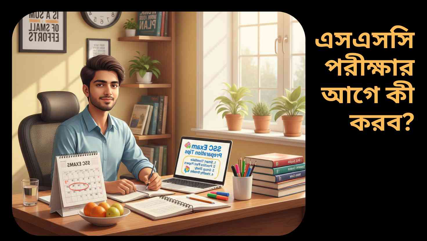 মনোযোগী ছাত্র এসএসসি পরীক্ষার জন্য বই ও নোট দিয়ে প্রস্তুতি নিচ্ছে, পিছনে ক্যালেন্ডার ও প্রেরণাদায়ক পোস্টার।