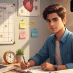 একটি মনোনিবেশ করা বাংলাদেশি শিক্ষার্থী, ডেস্কে পড়াশোনা করছে, পাশে বই, নোটবুক এবং একটি সুপরিকল্পিত স্টাডি প্ল্যান।