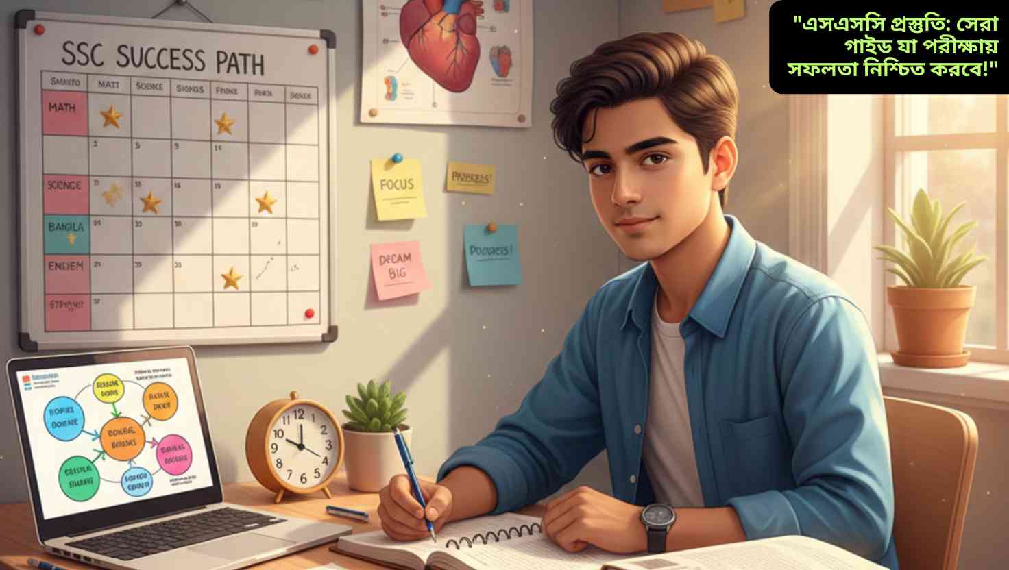 একটি মনোনিবেশ করা বাংলাদেশি শিক্ষার্থী, ডেস্কে পড়াশোনা করছে, পাশে বই, নোটবুক এবং একটি সুপরিকল্পিত স্টাডি প্ল্যান।