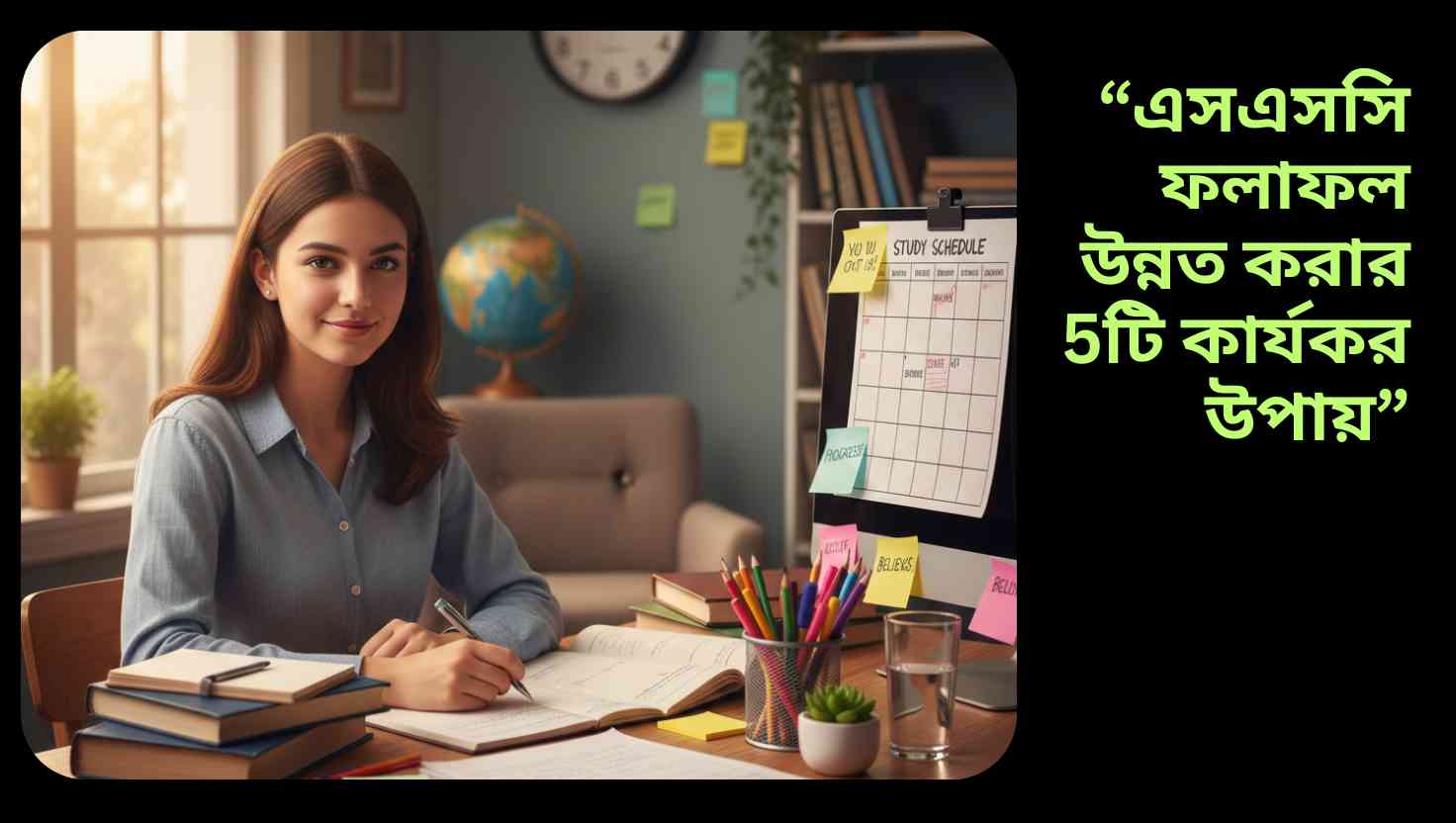 শিক্ষার্থী স্বাস্থ্যকর খাবার, পানি এবং শান্ত পরিবেশে পড়াশোনা করছে, ফোকাস এবং মানসিক সুস্থতা বজায় রাখছে।