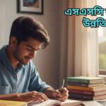 “একটি মনোযোগী বাংলাদেশী শিক্ষার্থী সুসজ্জিত ডেস্কে বই, নোটবুক ও ল্যাপটপ নিয়ে পড়াশোনা করছে, যা এসএসসি পরীক্ষার প্রস্তুতি ও শিক্ষাগত সফলতা প্রতিফলিত করছে।”