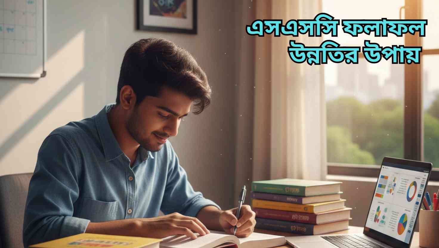 “একটি মনোযোগী বাংলাদেশী শিক্ষার্থী সুসজ্জিত ডেস্কে বই, নোটবুক ও ল্যাপটপ নিয়ে পড়াশোনা করছে, যা এসএসসি পরীক্ষার প্রস্তুতি ও শিক্ষাগত সফলতা প্রতিফলিত করছে।”