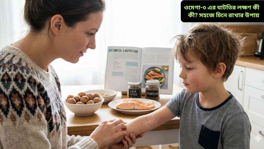 একটি শিশুর ত্বক ও চুলের সমস্যার দিকে মনোযোগ দিচ্ছে অভিভাবক, টেবিলের পেছনে মাছ, আখরোট এবং চিয়া বীজ দেখা যাচ্ছে।