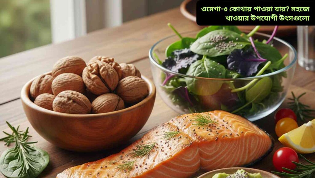 "ওমেগা-৩ সমৃদ্ধ খাবারের একটি ছবি, যেখানে গ্রিলড স্যামন, চিয়া সিডস, আখরোট এবং ফ্ল্যাক্সসিডস দেখা যাচ্ছে।"