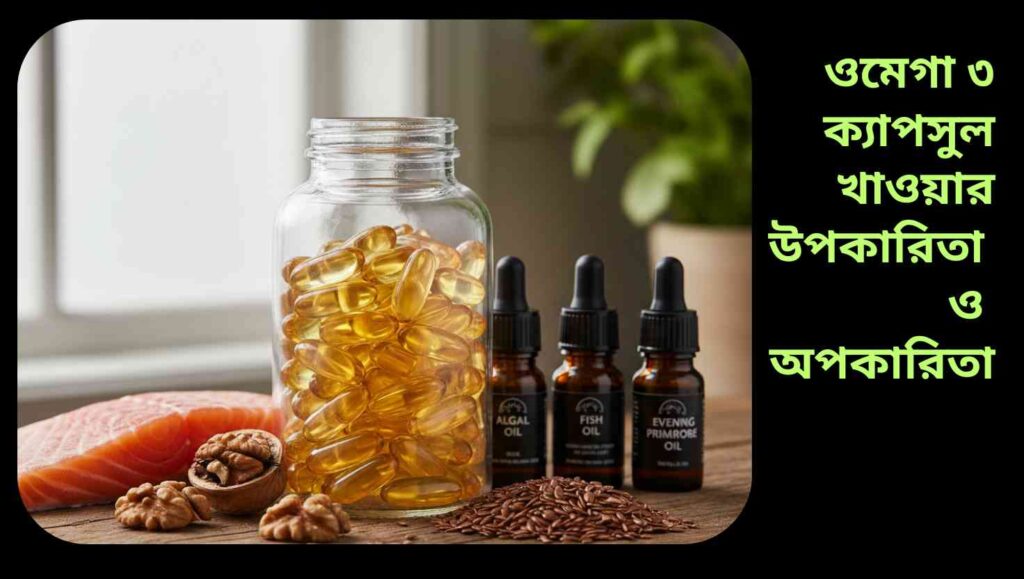 "ওমেগা-৩ ক্যাপসুল এবং মাছ, আখরোট, আলसी বীজ সহ প্রাকৃতিক উৎসগুলো দেখাচ্ছে, যা স্বাস্থ্য ও মস্তিষ্কের জন্য উপকারী।"