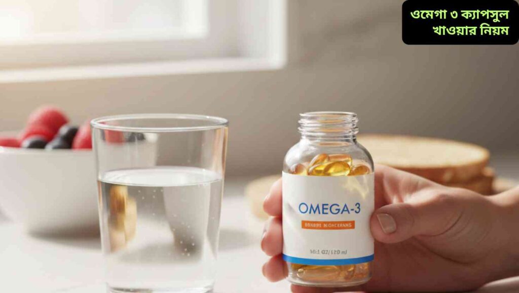 "ওমেগা-৩ ক্যাপসুল নিয়ে স্বাস্থ্যকর জীবনধারার ধারণা দেখাচ্ছে।"