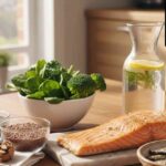 ওমেগা-৩ ক্যাপসুলের বোতল এবং মাছের তেল দেখানো একটি ছবি