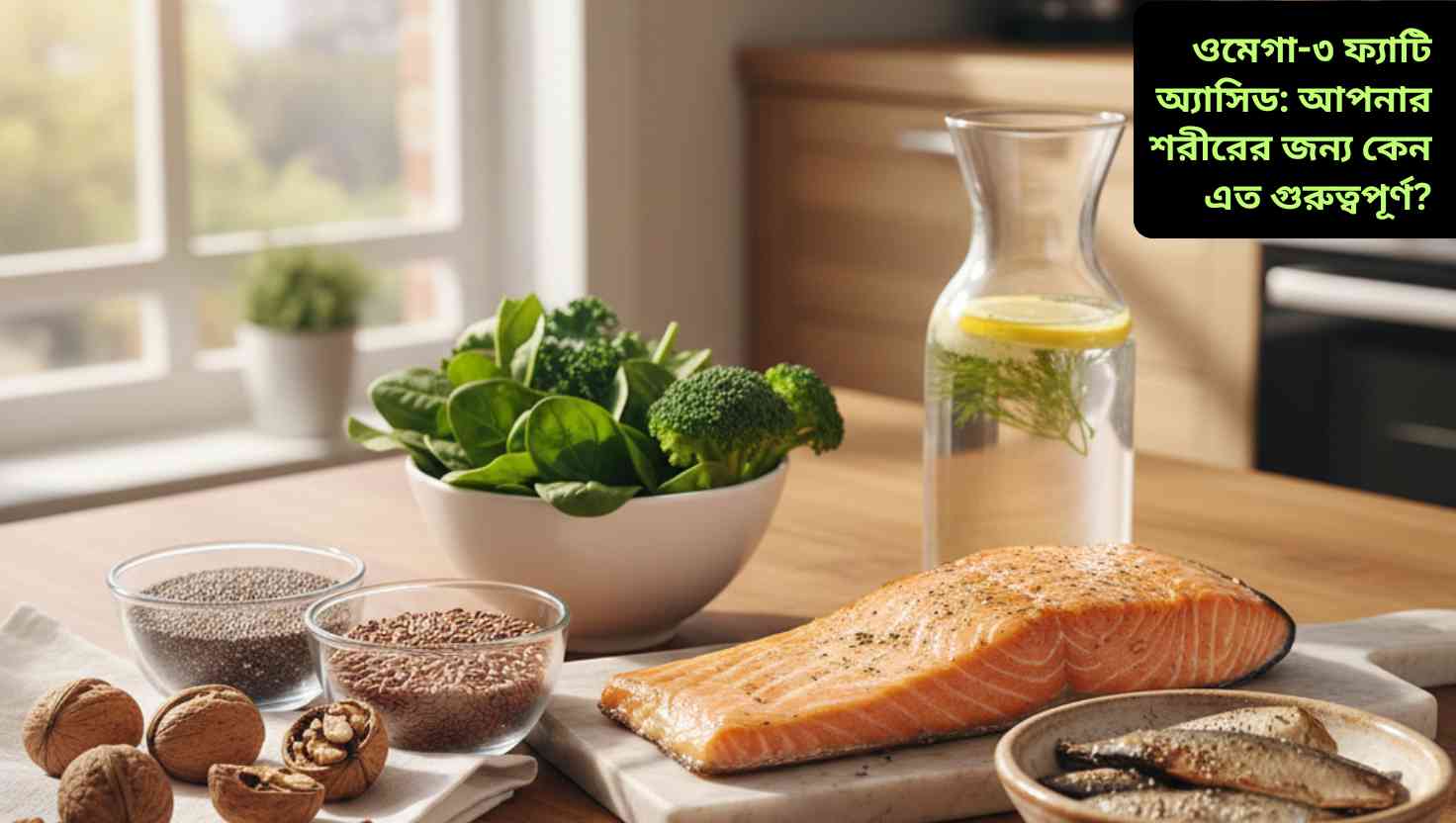 ওমেগা-৩ ক্যাপসুলের বোতল এবং মাছের তেল দেখানো একটি ছবি