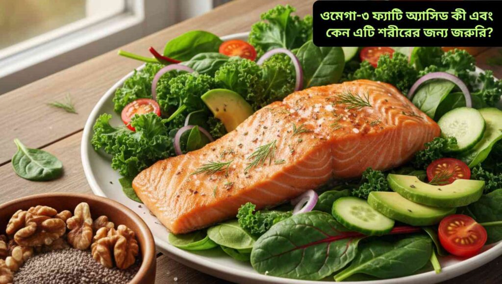 ওমেগা-৩ ক্যাপসুলের বোতল এবং মাছের তেল দেখানো একটি ছবি