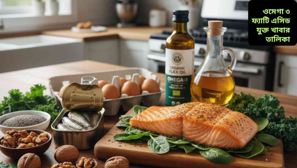 ওমেগা-৩ সমৃদ্ধ মাছ, বাদাম, বীজ এবং সবজির একটি স্বাস্থ্যকর খাবারের ছবি।