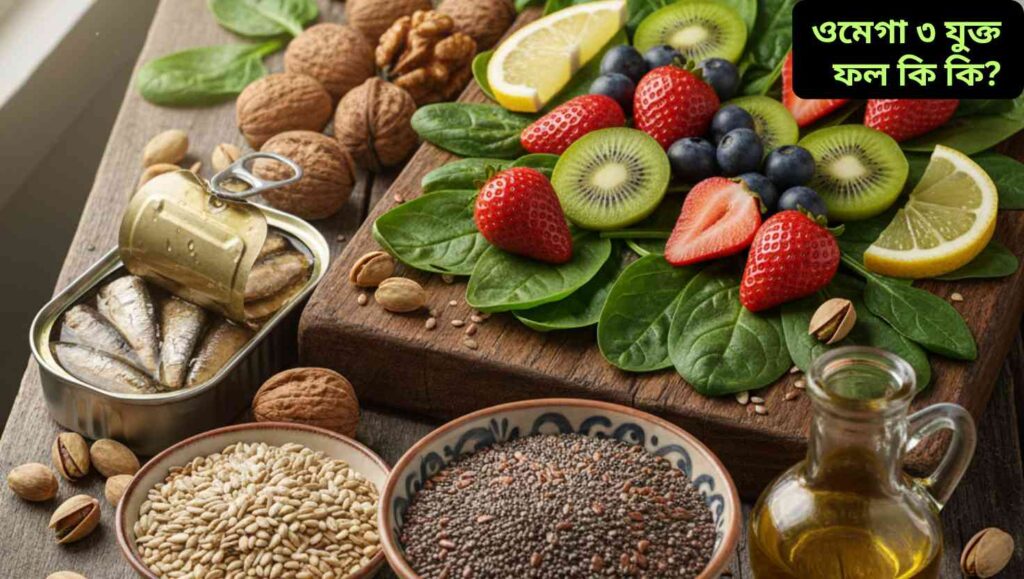 ওমেগা-৩ সমৃদ্ধ মাছ, বাদাম, শাকসবজি এবং বীজের একটি স্বাস্থ্যকর খাবারের সেটআপ