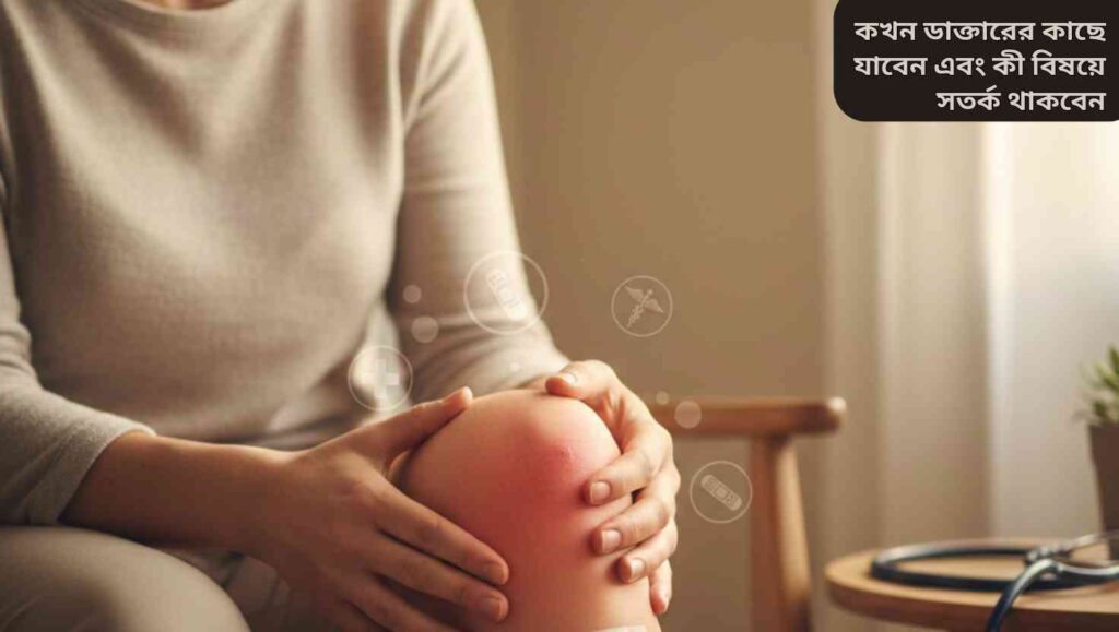 একজন ব্যক্তি তার ব্যথাযুক্ত, ফুলে যাওয়া হাঁটু পরীক্ষা করছে, যা চিকিৎসা প্রয়োজনীয়তার সংকেত নির্দেশ করছে।