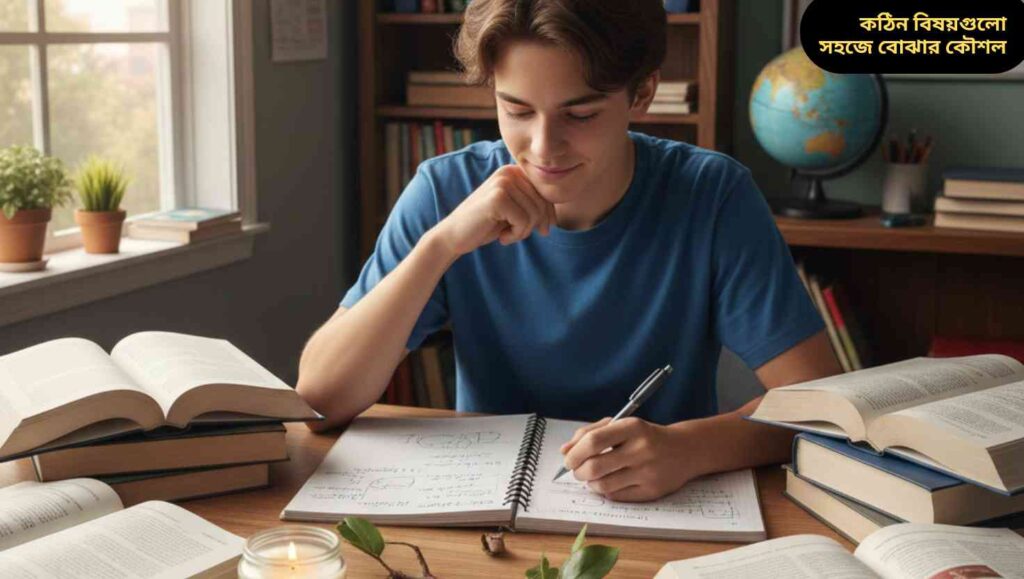 একজন শিক্ষার্থী ডেস্কে বসে ম্যাথ, বিজ্ঞান ও ইংরেজি বই পড়ছে, মনোযোগীভাবে কঠিন বিষয়গুলো বোঝার চেষ্টা করছে।