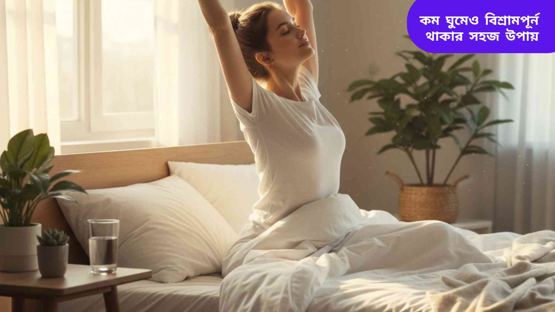 একটি শান্ত ও আরামদায়ক শয়নকক্ষের দৃশ্য, যেখানে সকালে সূর্যালোক পড়ছে। একজন ব্যক্তি বিছানায় হালকা স্ট্রেচ করছেন, সতেজ ও উদ্দীপ্ত দেখাচ্ছেন, পাশে একটি গ্লাস পানি এবং ছোট গাছ রয়েছে।