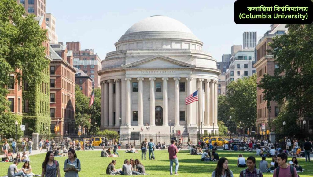 কোলাম্বিয়া বিশ্ববিদ্যালয়ের নিউ ইয়র্ক সিটি ক্যাম্পাস, শিক্ষার্থীরা লন এবং স্থাপনার মধ্যে হাঁটছে এবং আলোচনা করছে, প্রকৃত ও বাস্তবসম্মত দৃশ্য।