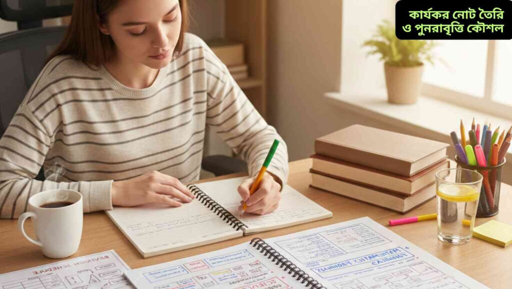 একজন ছাত্র সূচিপত্র ও চার্ট ব্যবহার করে পরীক্ষা প্রস্তুতির জন্য নোট নিচ্ছে।