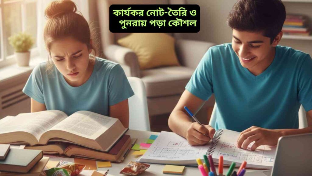 দুটি শিক্ষার্থী পড়াশোনা করছে। একজন বই পড়ে বিভ্রান্ত, অন্যজন রঙিন নোট নিয়ে সফলভাবে তথ্য মনে রাখছে।