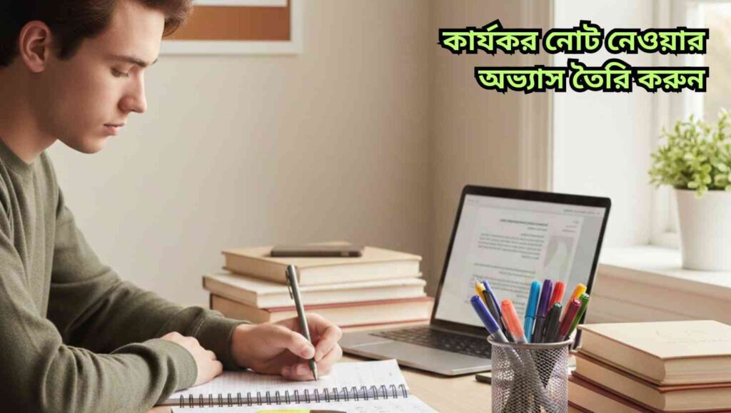 একজন শিক্ষার্থী টেবিলে বসে রঙিন কলম ও খাতায় সুন্দরভাবে নোট লিখছে—পড়াশোনা ও মনোযোগের বাস্তব দৃশ্য।