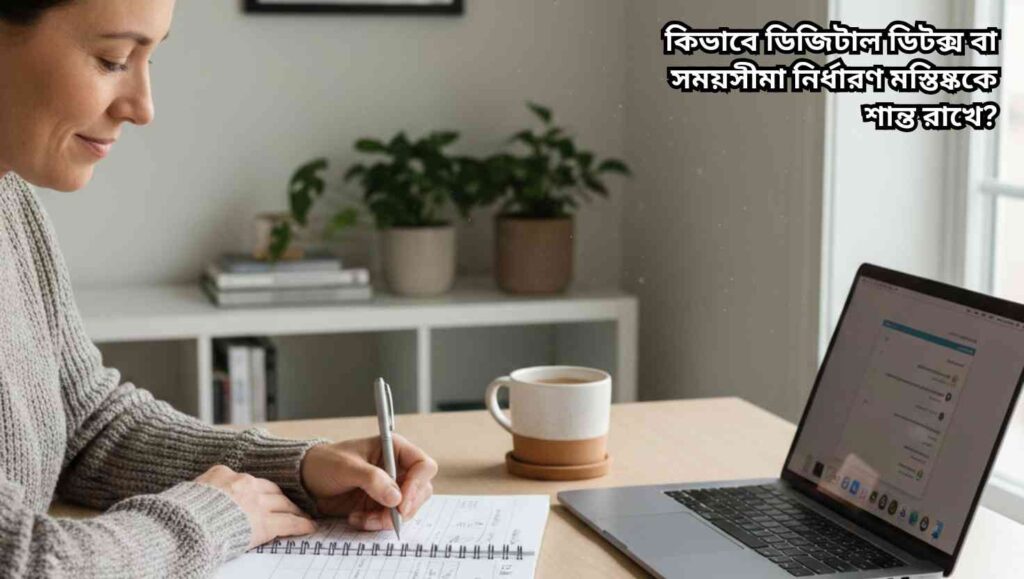 "একজন ব্যক্তি ডেস্কে বসে তার ডিভাইস ব্যবহার লিপিবদ্ধ করছেন, শান্ত ও মনোযোগী পরিবেশে।"